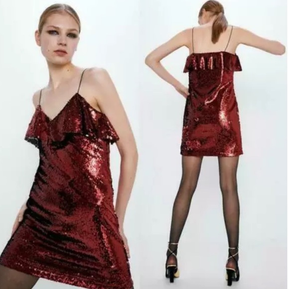 Zara Red Sequin Strappy Mini Ruffle Cocktail Dress Size M (NWOT) - Picture 2 of 10